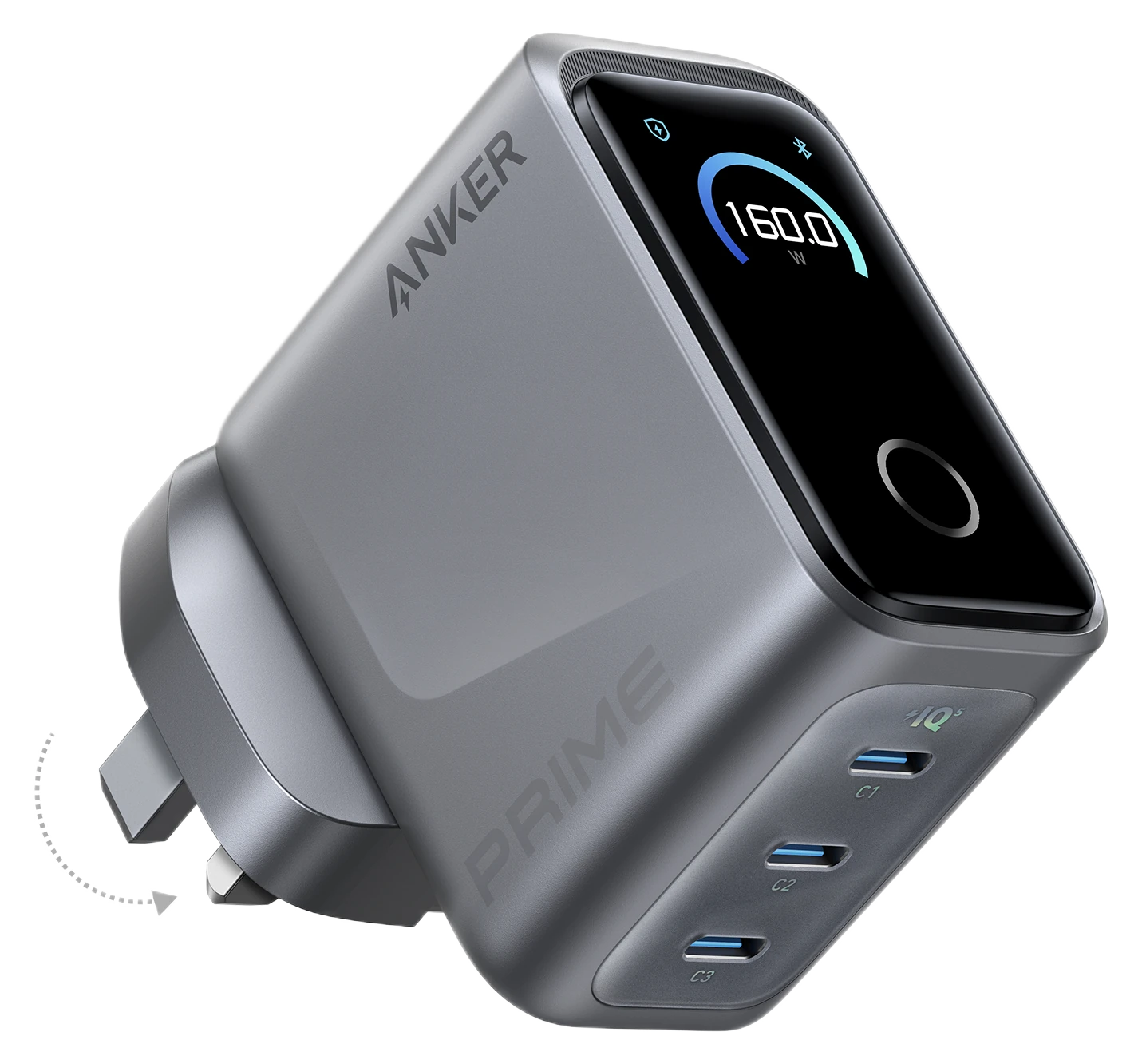 Anker Prime 160W GaN charger with UK three-pin plug and smart display