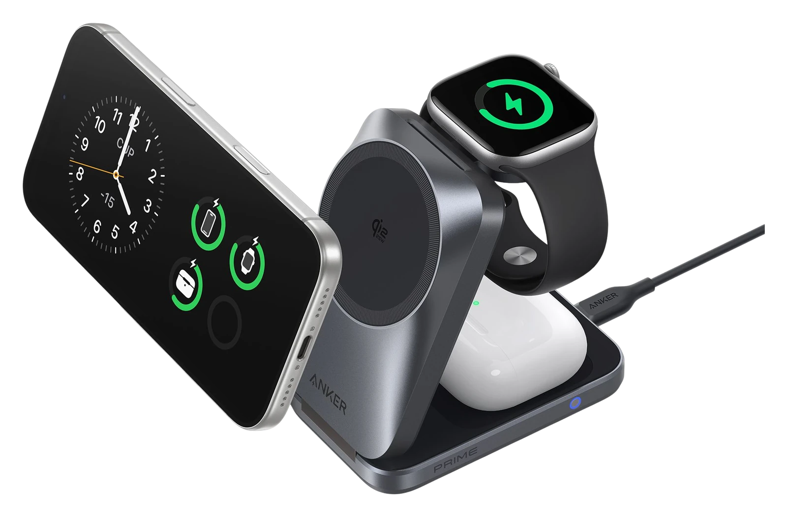Anker Prime 3-in-1 MagGo wireless charging station charging iPhone, Apple Watch and AirPods