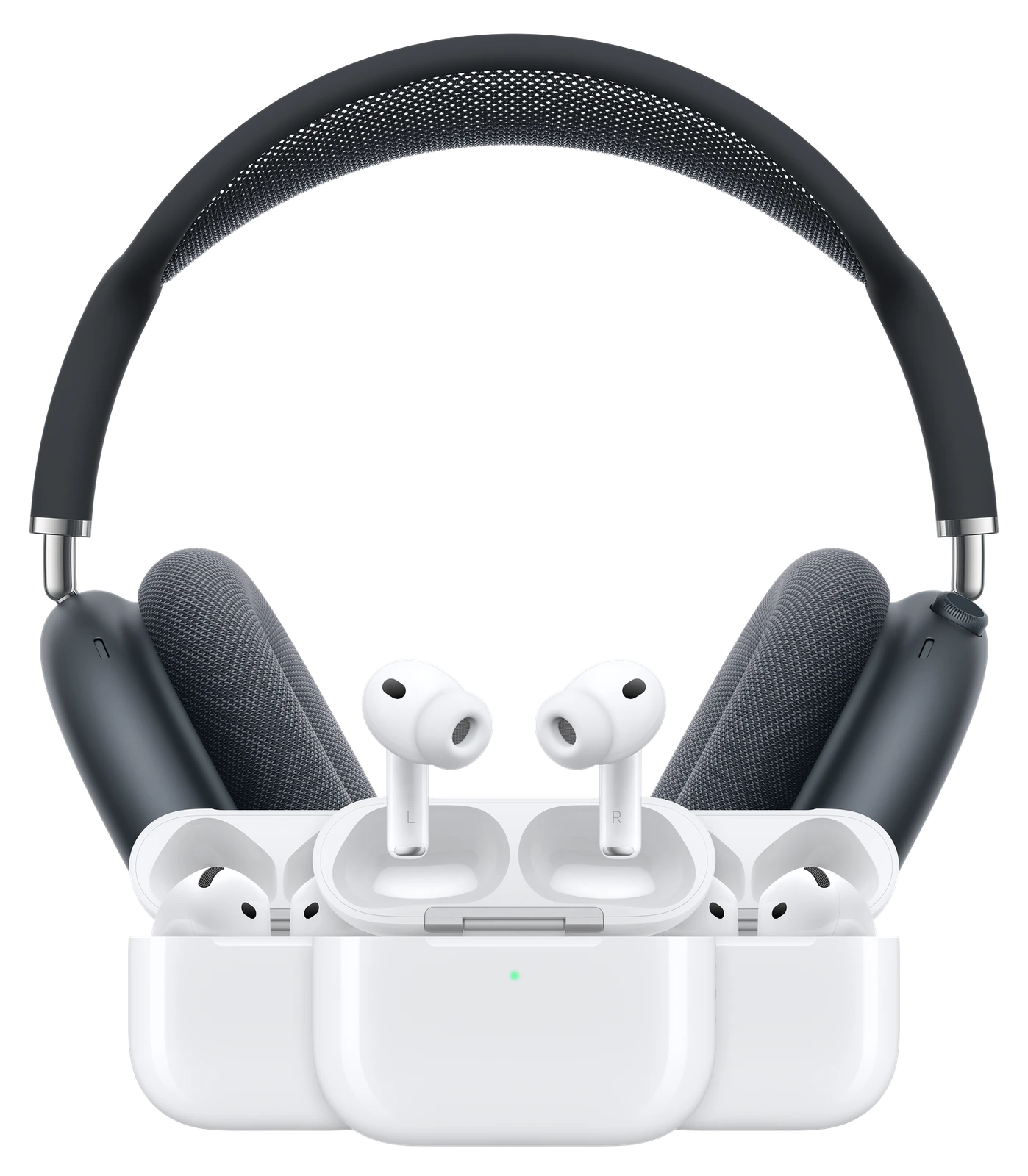 The AirPods family on a dark background