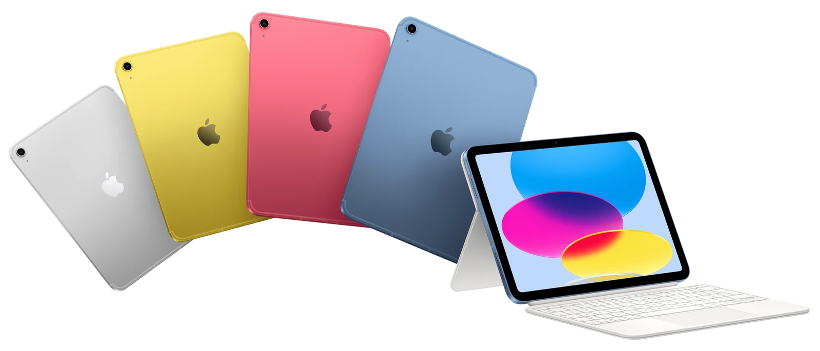 Five iPad models shown side by side with colorful screens