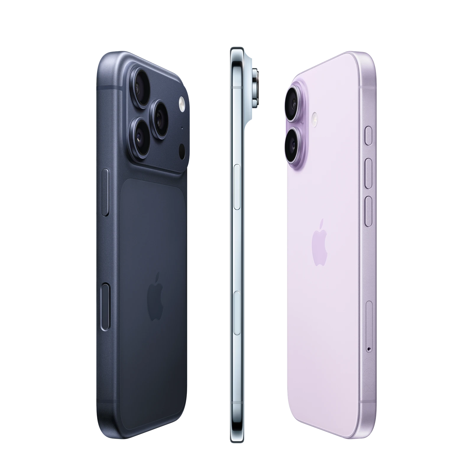 The iPhone family shown three-up — iPhone 17 Pro in Deep Blue, iPhone Air edge-on, and iPhone 17 in Purple