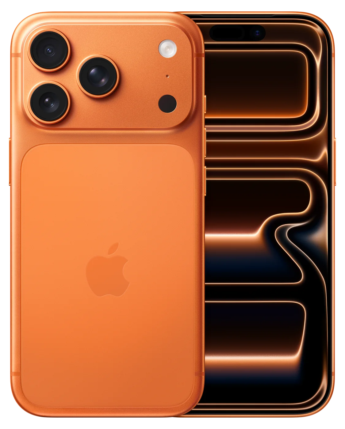 iPhone 17 Pro in Cosmic Orange, back and front