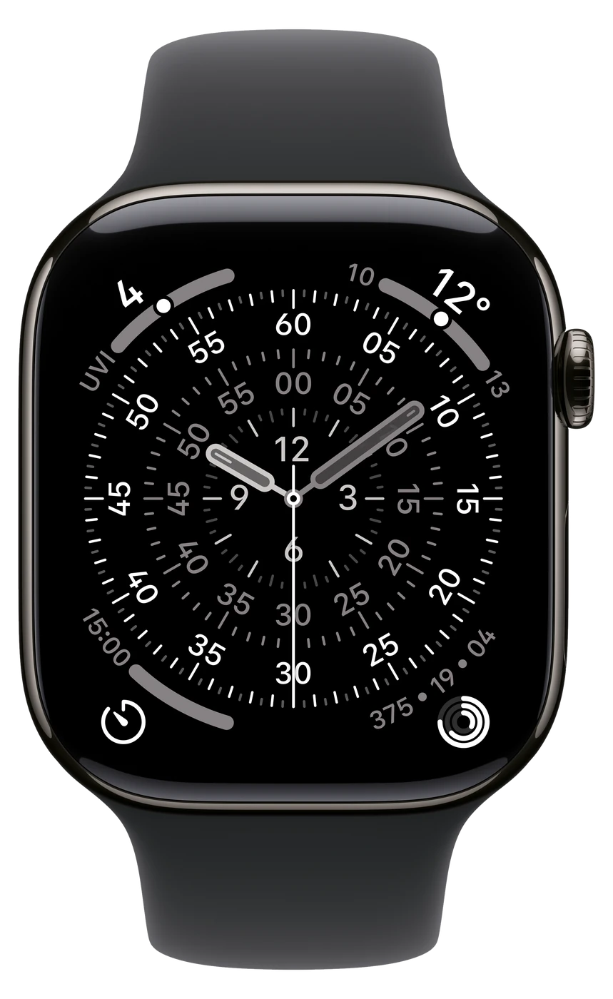 Apple Watch Series 11 in Slate Titanium with Black Sport Band