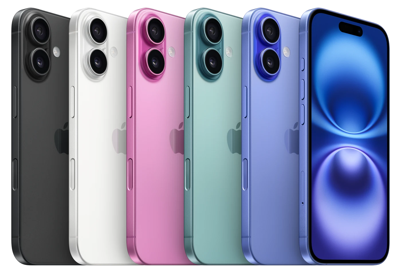 Three iPhone models shown from the back, side and front