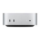 Mac mini (M4), front, two USB‑C ports, status indicator light and headphone jack, tapered black base at bottom, flat top, rounded sides, straight edges, silver color